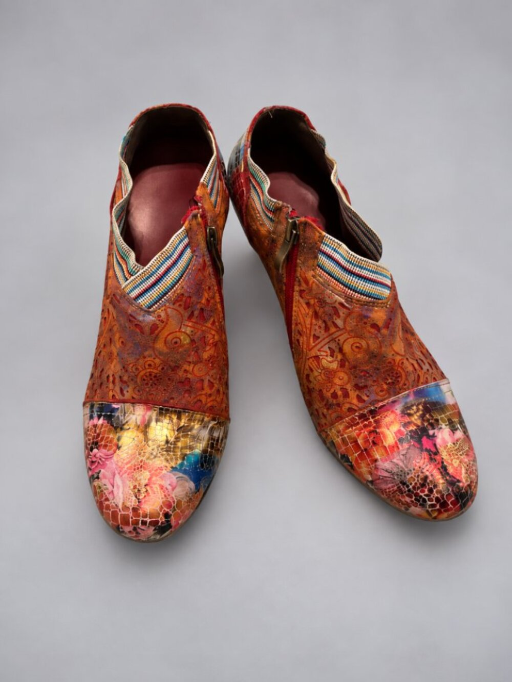 Johnature Genuine Leather Multicolor Floral Ankle Booties EU 39 Boho